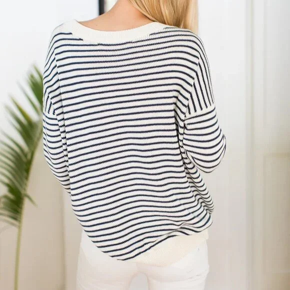 Emerson Fry, Carolyn Sweater - Navy Stripe Organic Cotton, Women's Size Small - Picture 2 of 7